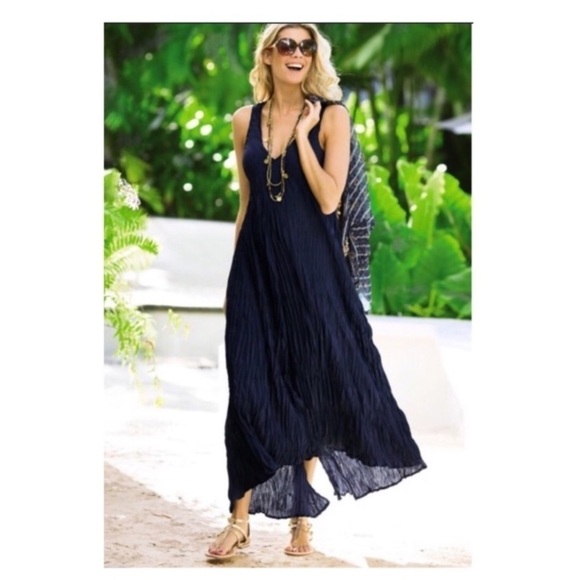 Soft Surroundings La Paz Black Crinkle Maxi Dress L Pleated Crinkle Vacation - Picture 14 of 16